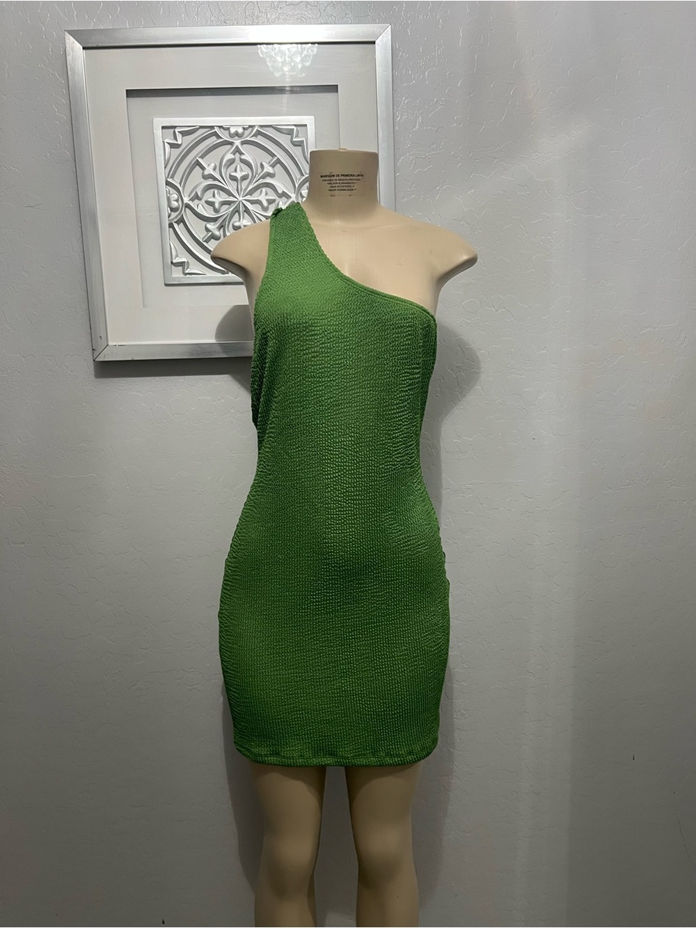 One-Shoulder Green Textured Bodycon Dress